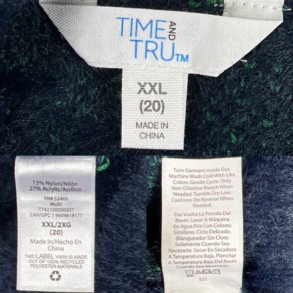 Time and Tru Fuzzy Pullover Eyelash Sweater Green Blue Buffalo Plaid Size XXL - Picture 6 of 13